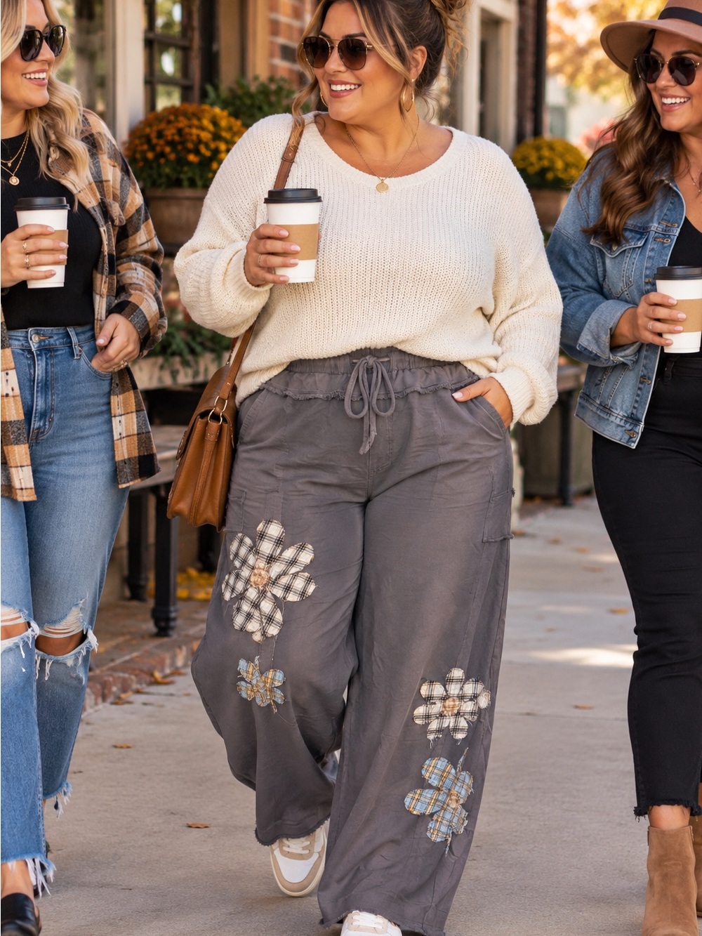 Oddi NWT Soft Patchwork Flare Joggers – Plaid Floral Detail